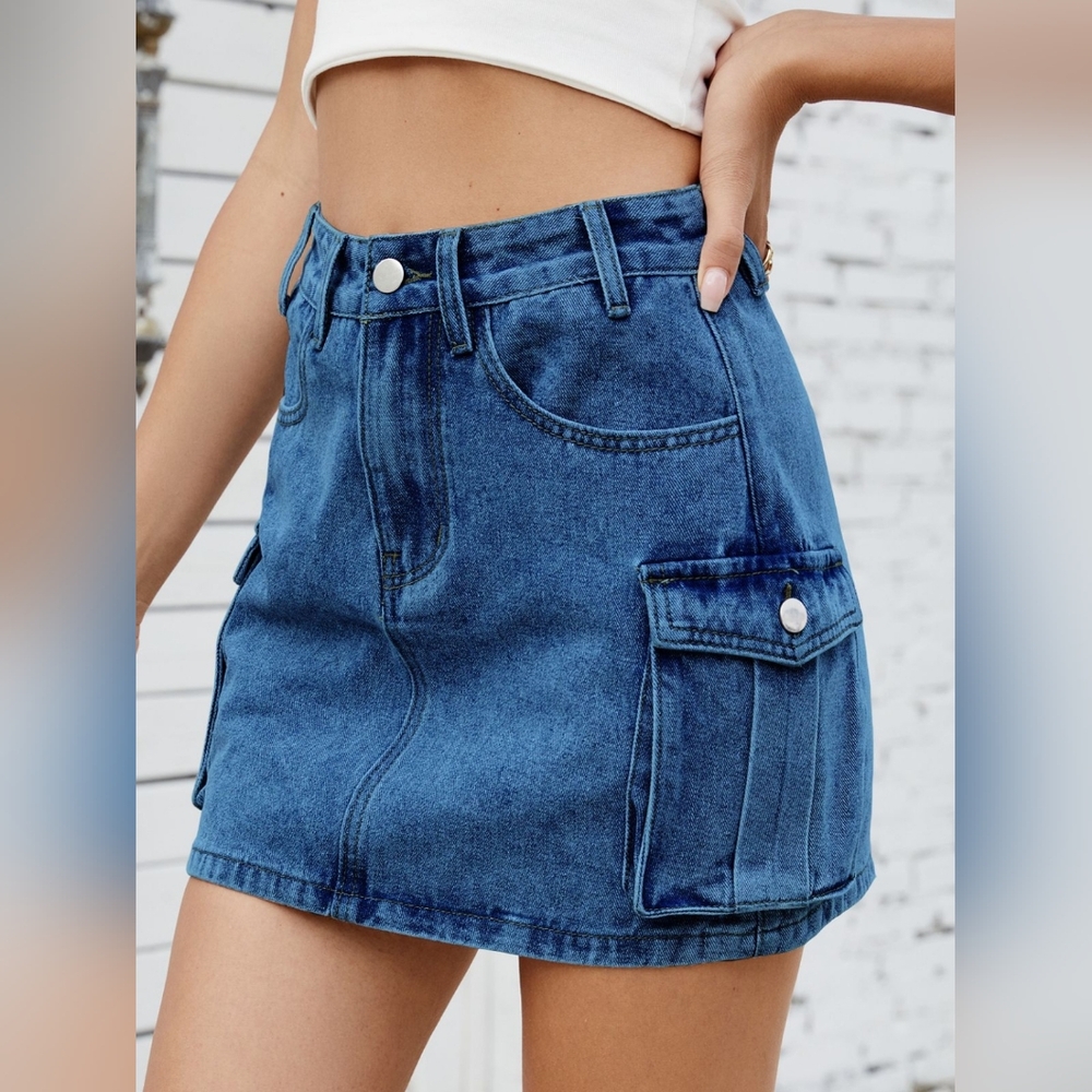 Denim Blue Jean Skirt Mini 90s Retro Button Cargo Side Pocket High-Rise Waist
